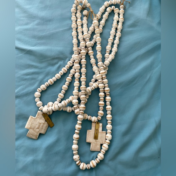 Set/2 white distressed large wood prayer beads double strands with cross pendant